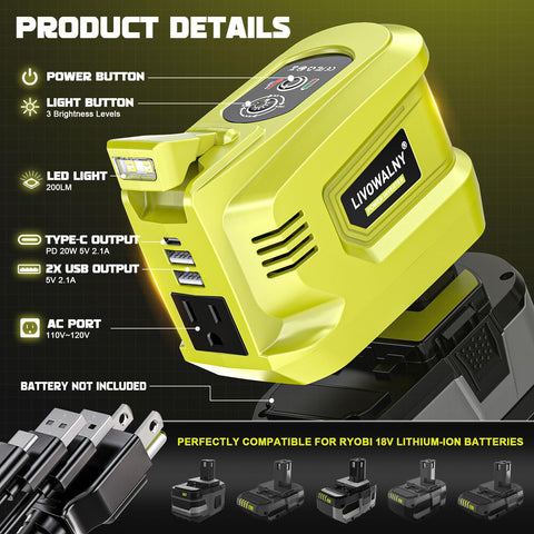 LIVOWALNY Ryobi 18V battery to AC converter powering small devices anywhere.