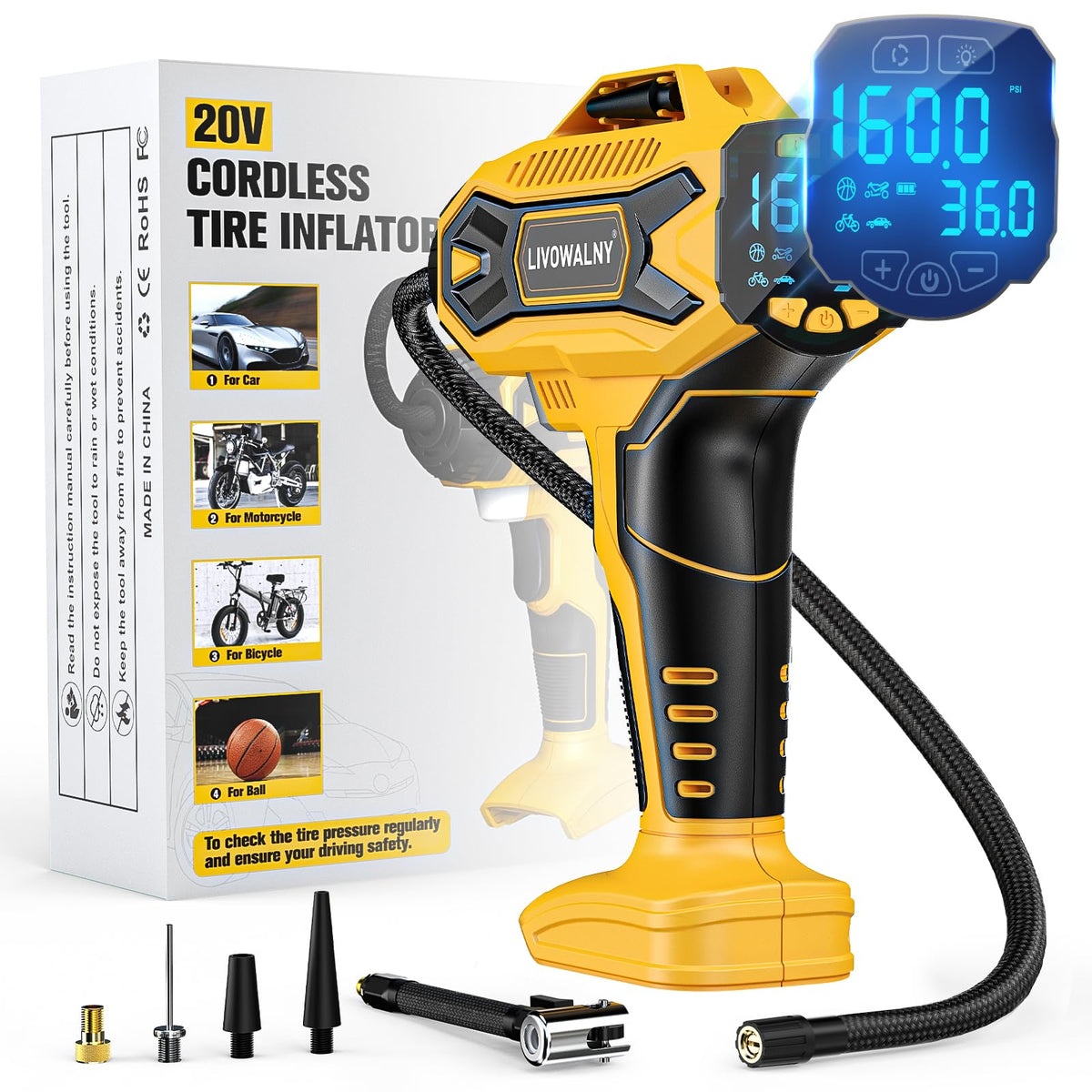 LIVOWALNY tire inflator with compact display for quick inflation on the go.