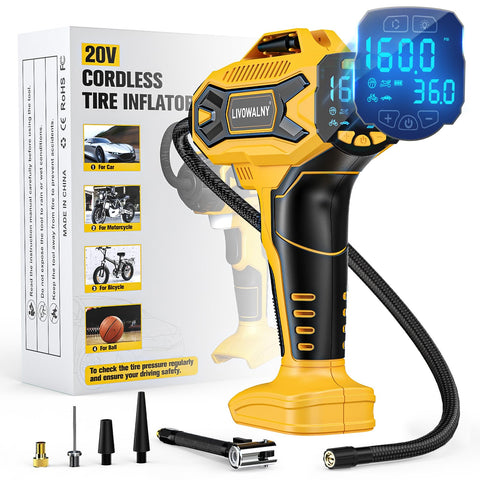LIVOWALNY tire inflator with compact display for quick inflation on the go.