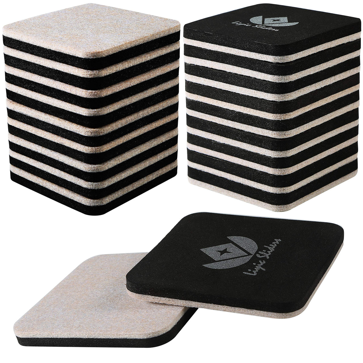 Liyic 20-pack 3in square felt sliders under furniture legs protect wood floors during moves.