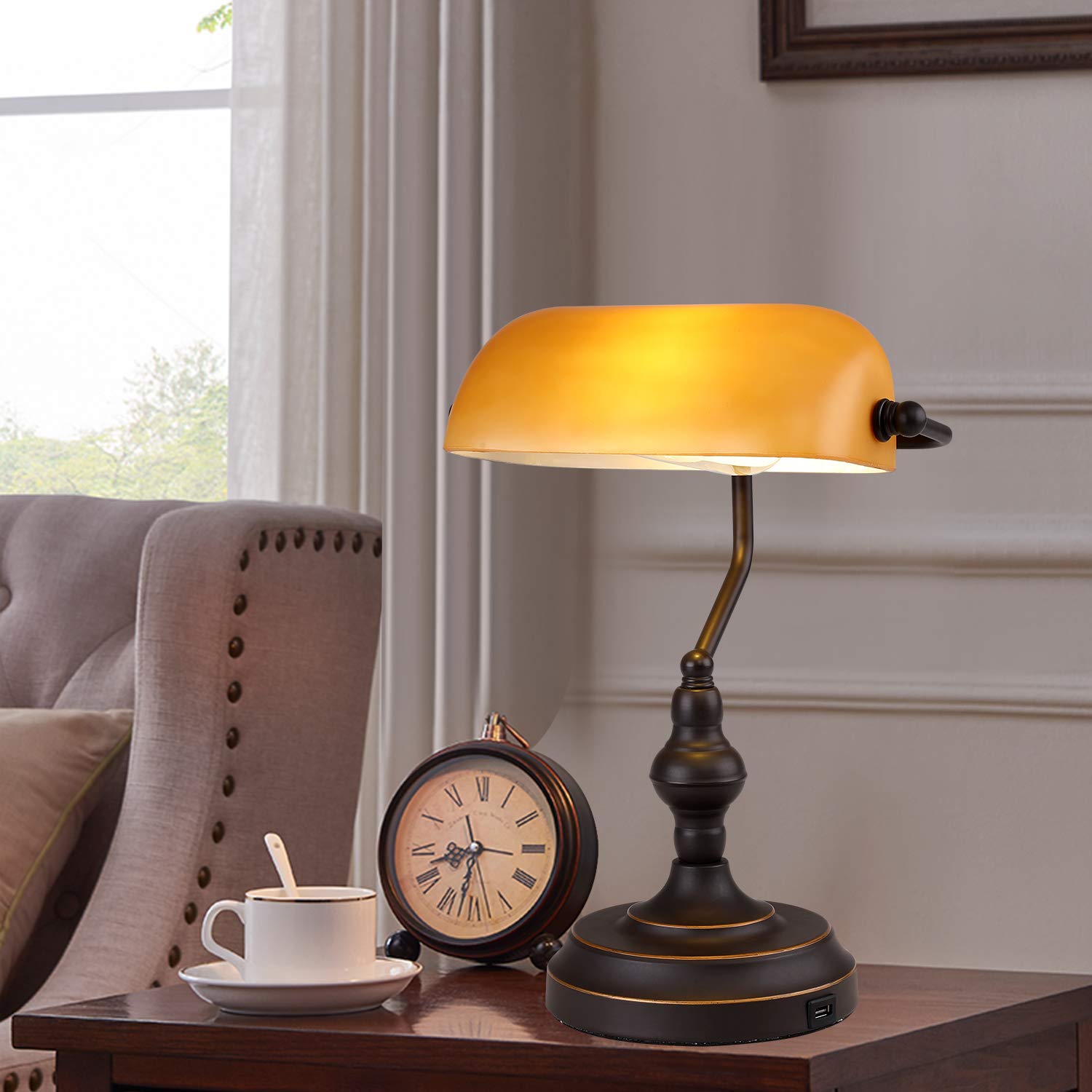 Liylan Banker lamp on desk elevates farmhouse library aesthetics.