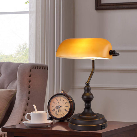 Liylan Banker lamp on desk elevates farmhouse library aesthetics.