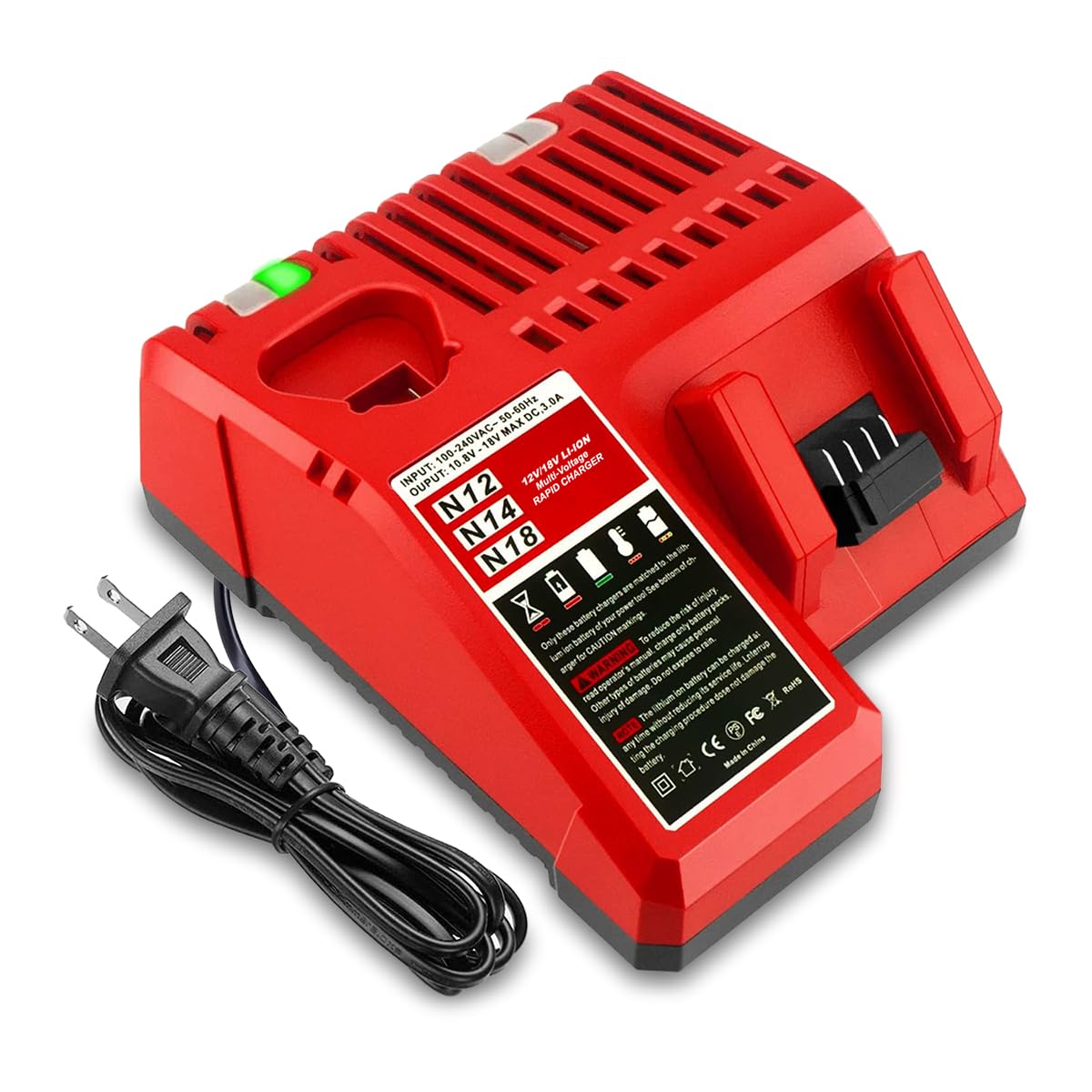 Lizone M12 M18 multi-voltage charger front view showing a compact design for easy use