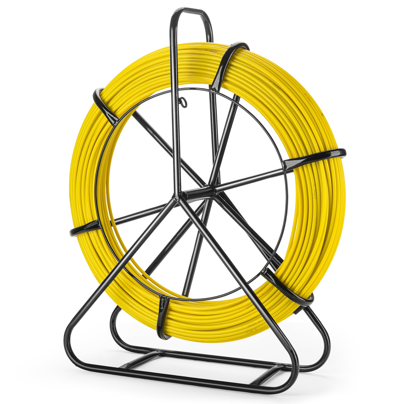 LJJJXXX 6mm fiberglass tape on a steel reel stand for efficient conduit pulling.