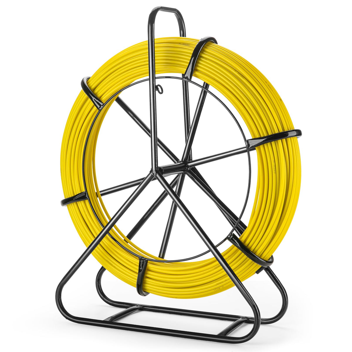 LJJJXXX 6mm fiberglass tape on a steel reel stand for efficient conduit pulling.