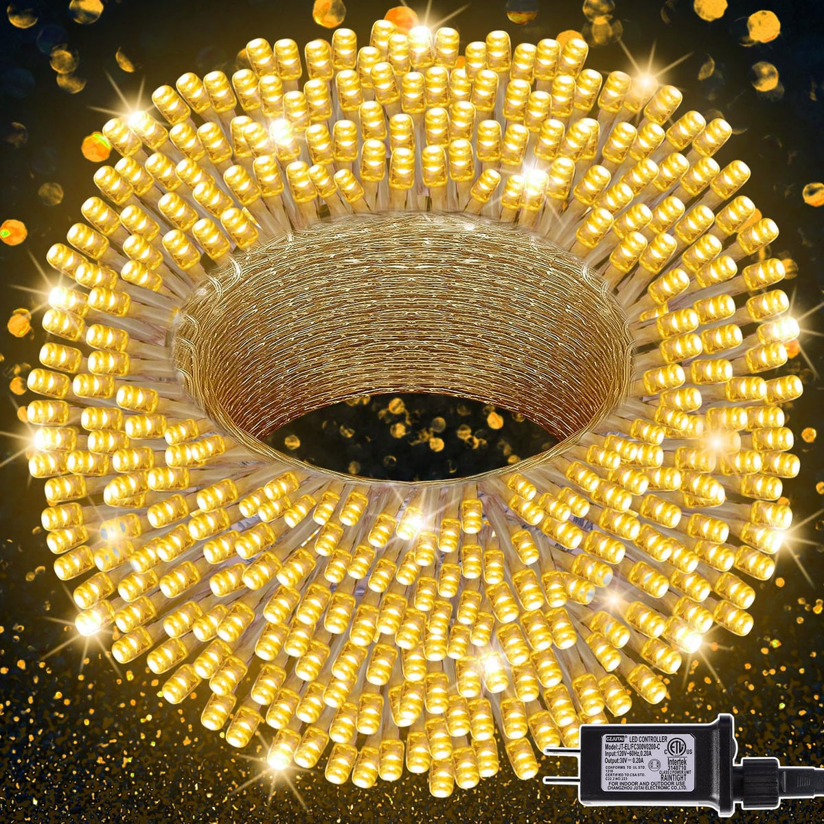 LJLNION 300 LED string lights for outdoor and indoor use, bright warm-white glow.