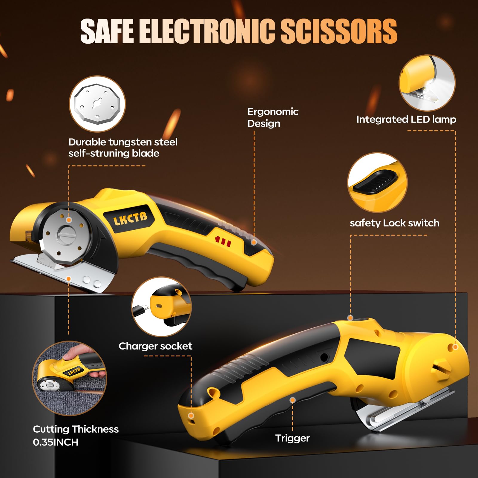 LKCTB Electric Scissors ergonomic non-slip grip reduces fatigue.