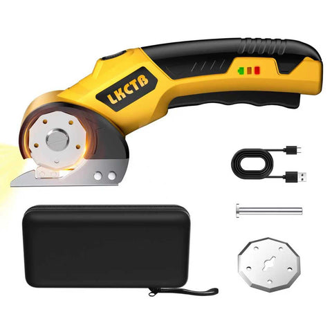 The LKCTB Electric Scissors with LED light illuminate fabric and cardboard cuts.