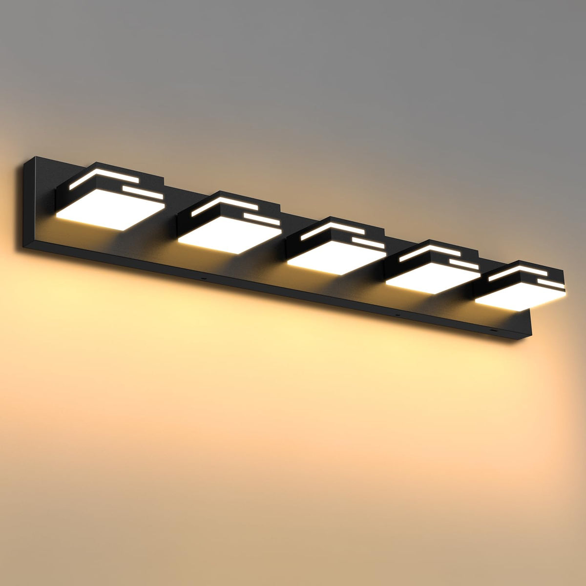 LKHF LED vanity light with five heads over mirror for even illumination