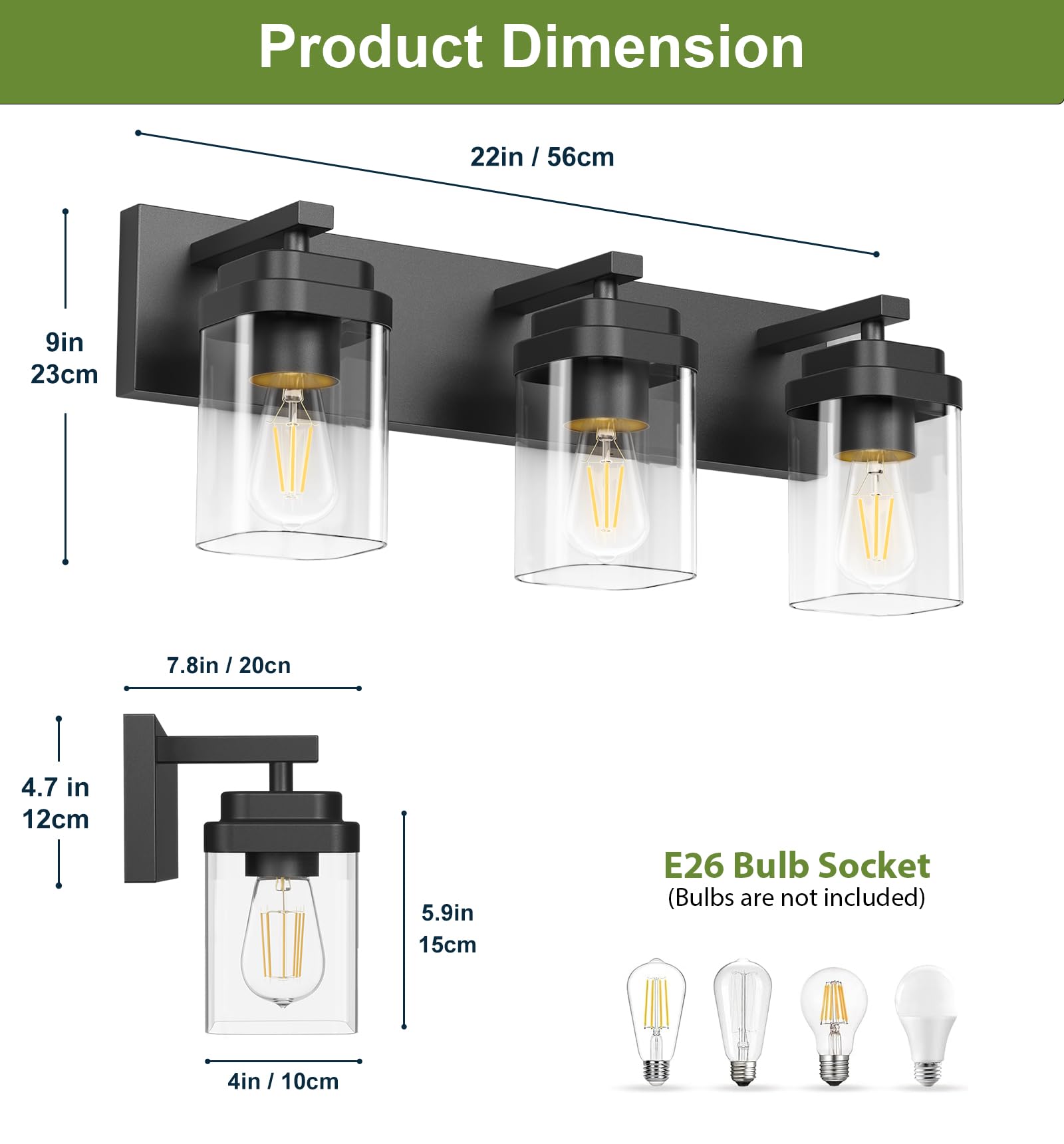 LKHF vanity light with square clear glass shades for modern, crisp lighting.