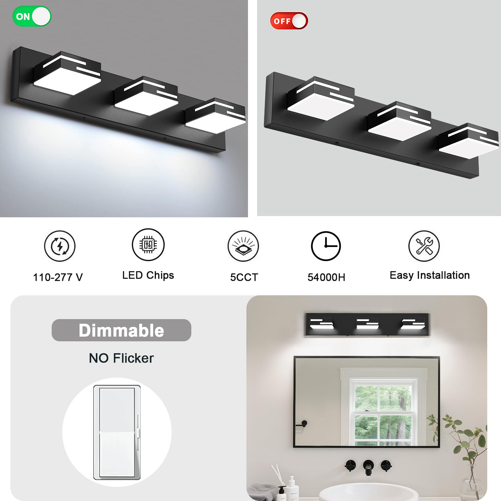 LKHF vanity light with 350-degree rotatable heads for flexible lighting