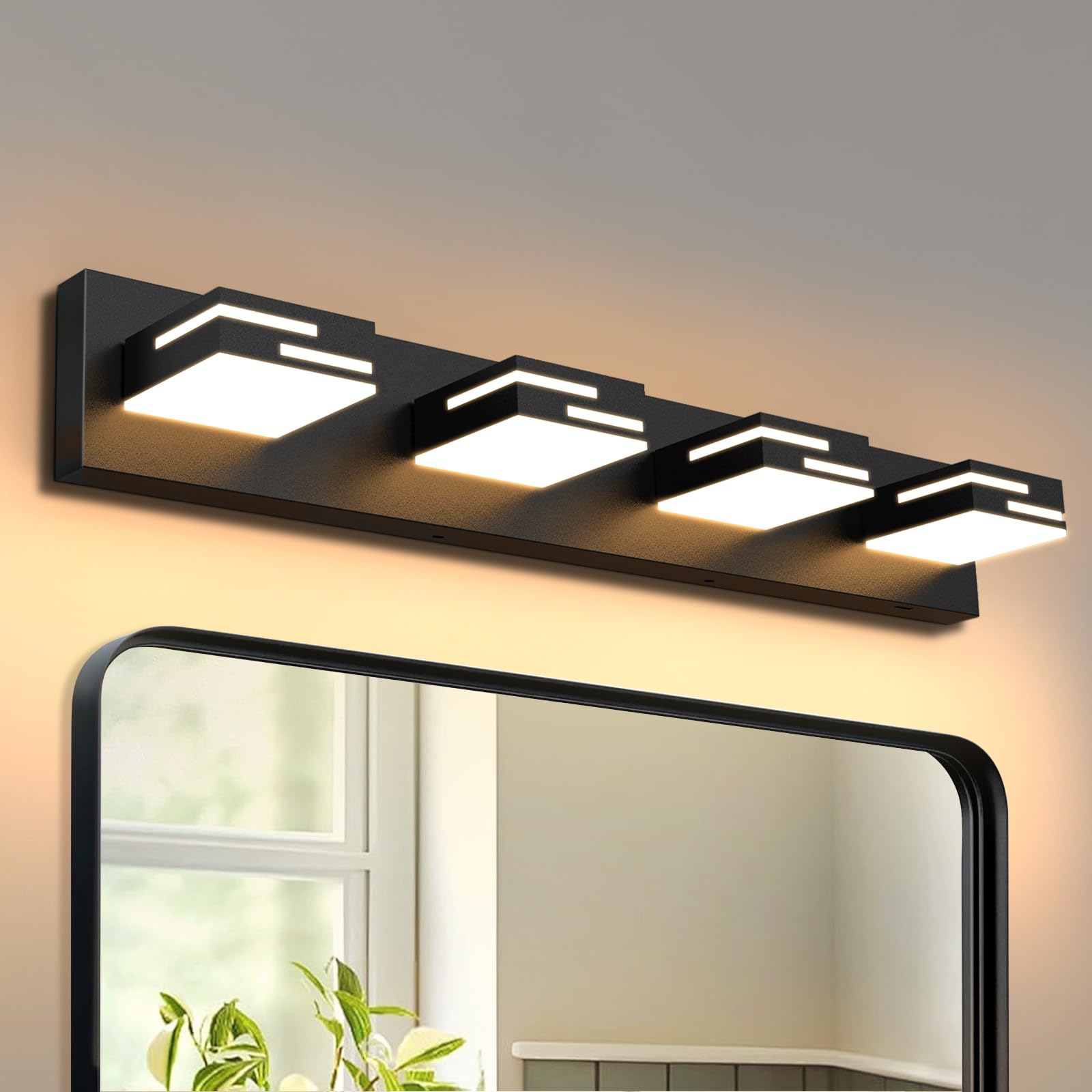 LKHF vanity light with 4-light layout and 5CCT for customizable brightness over mirror.