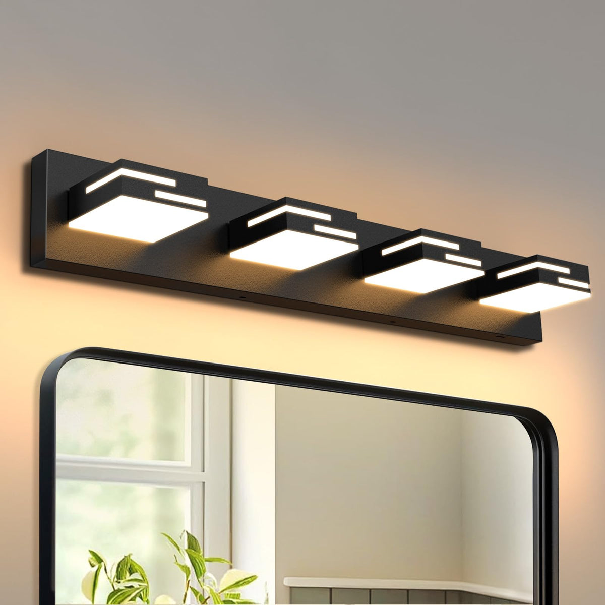 LKHF vanity light with 4-light layout and 5CCT for customizable brightness over mirror.