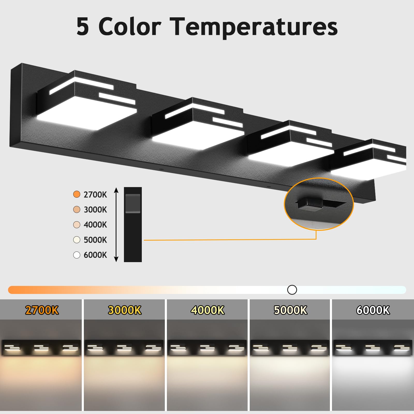 LKHF vanity fixture built with durable alloy resists rust and moisture.