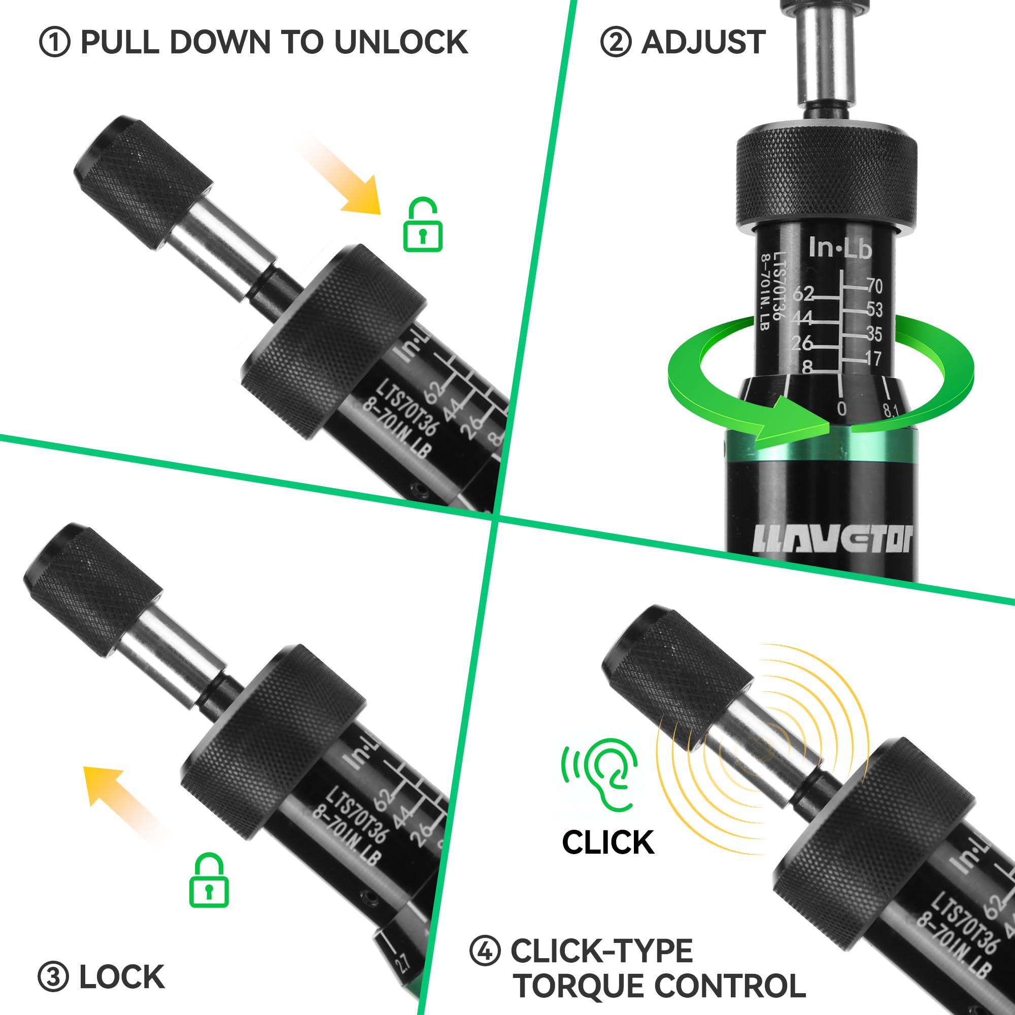 LLAVETOR torque screwdriver adjustment wheel for easy, accurate torque selection.