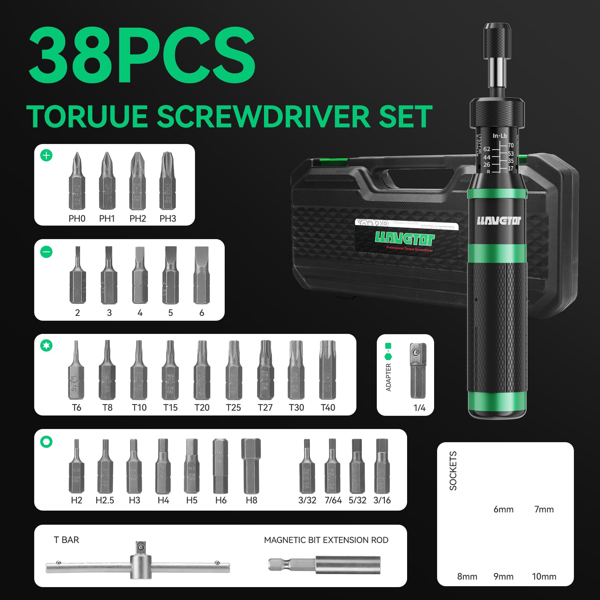 LLAVETOR torque screwdriver bit set in S2 steel for versatile screw types.