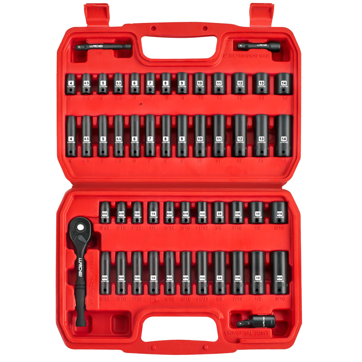 LLNDEI 1/4-inch drive impact sockets organized for easy home repairs.