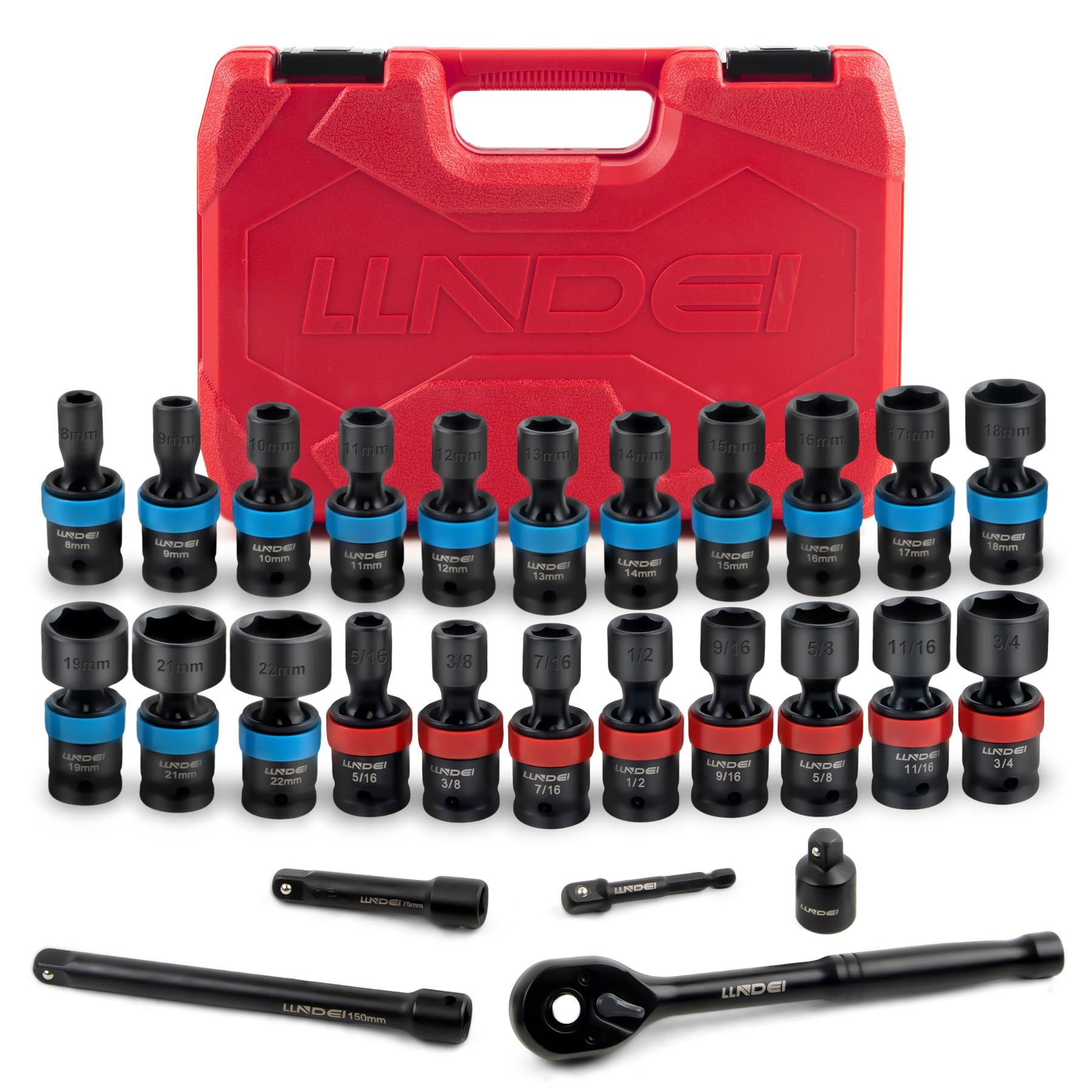 LLNDEI 27 piece 3/8 inch swivel socket set reaches tight spaces for stubborn fasteners