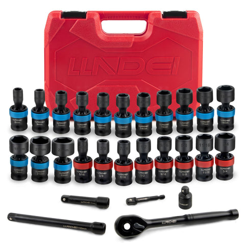 LLNDEI 27 piece 3/8 inch swivel socket set reaches tight spaces for stubborn fasteners
