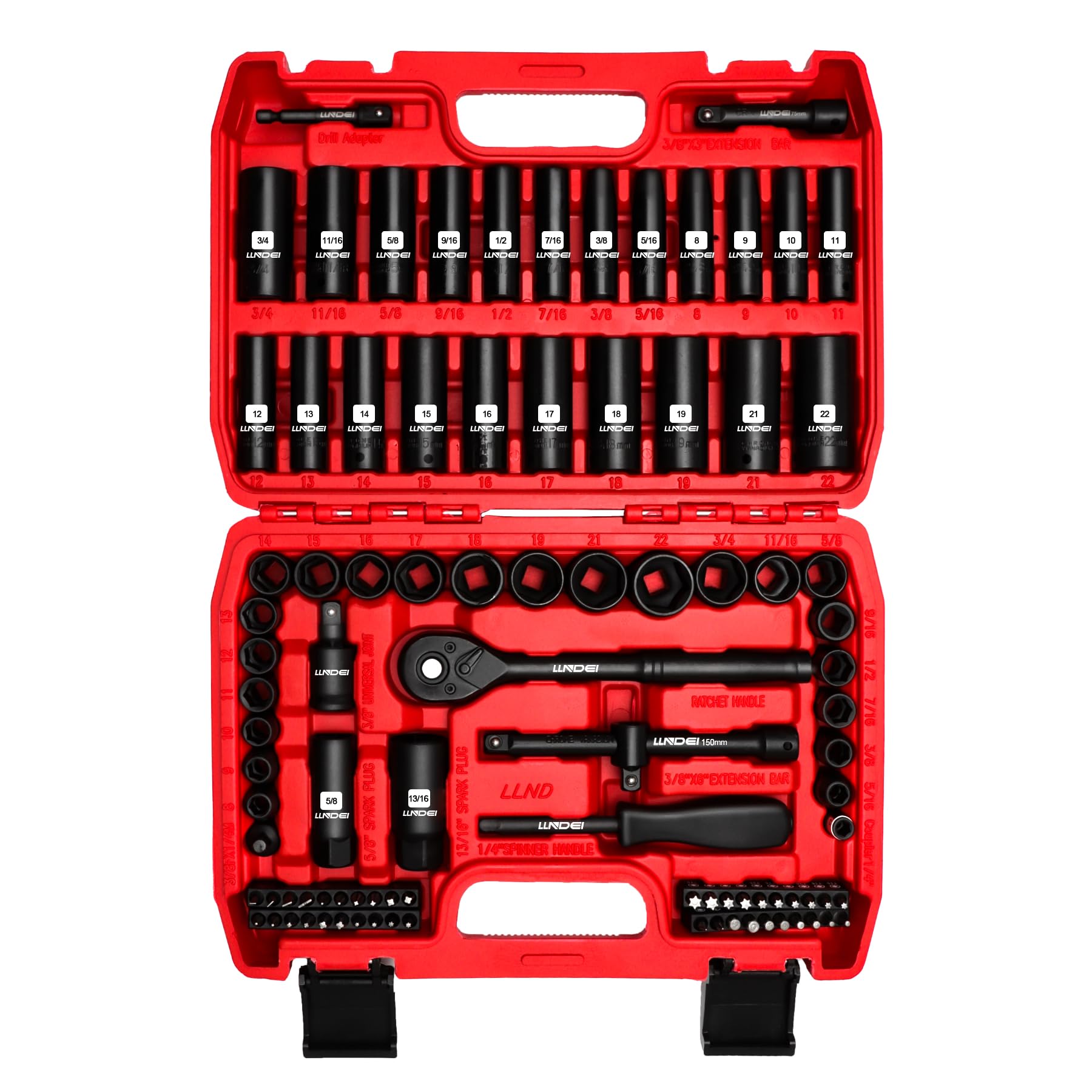 LLNDEI 3/8-inch drive impact socket set case showing organized sockets