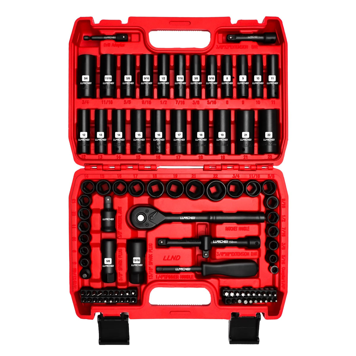 LLNDEI 3/8-inch drive impact socket set case showing organized sockets