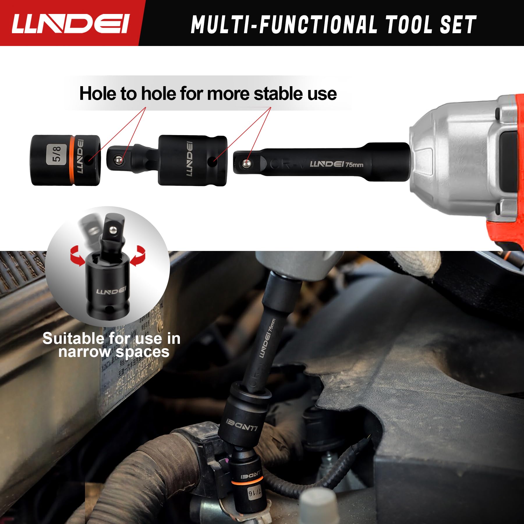 LLNDEI 3/8 universal joint expands access in restricted areas.