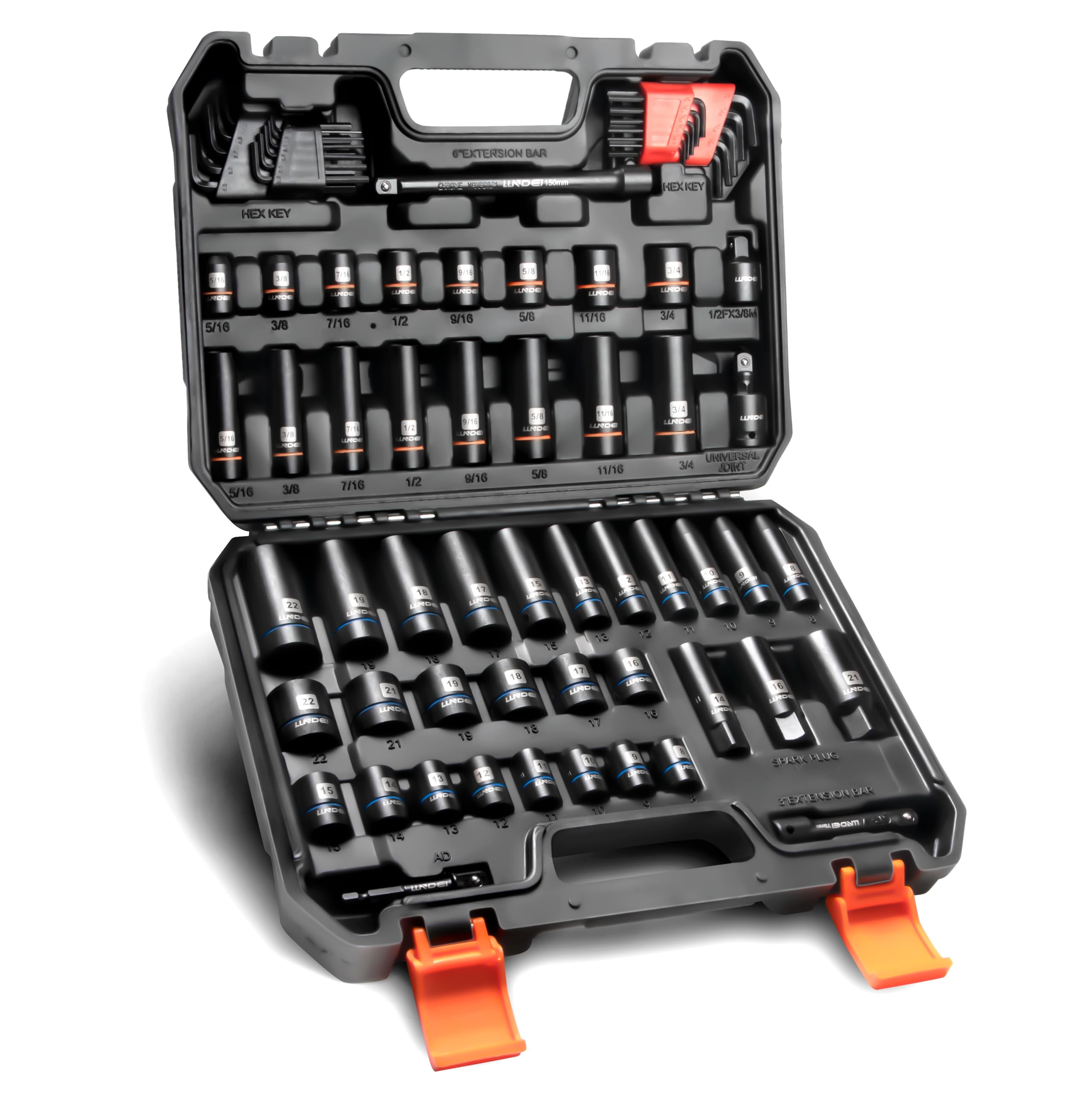 Color-coded storage case keeps metric and SAE sockets organized.