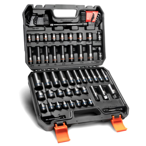 Color-coded storage case keeps metric and SAE sockets organized.