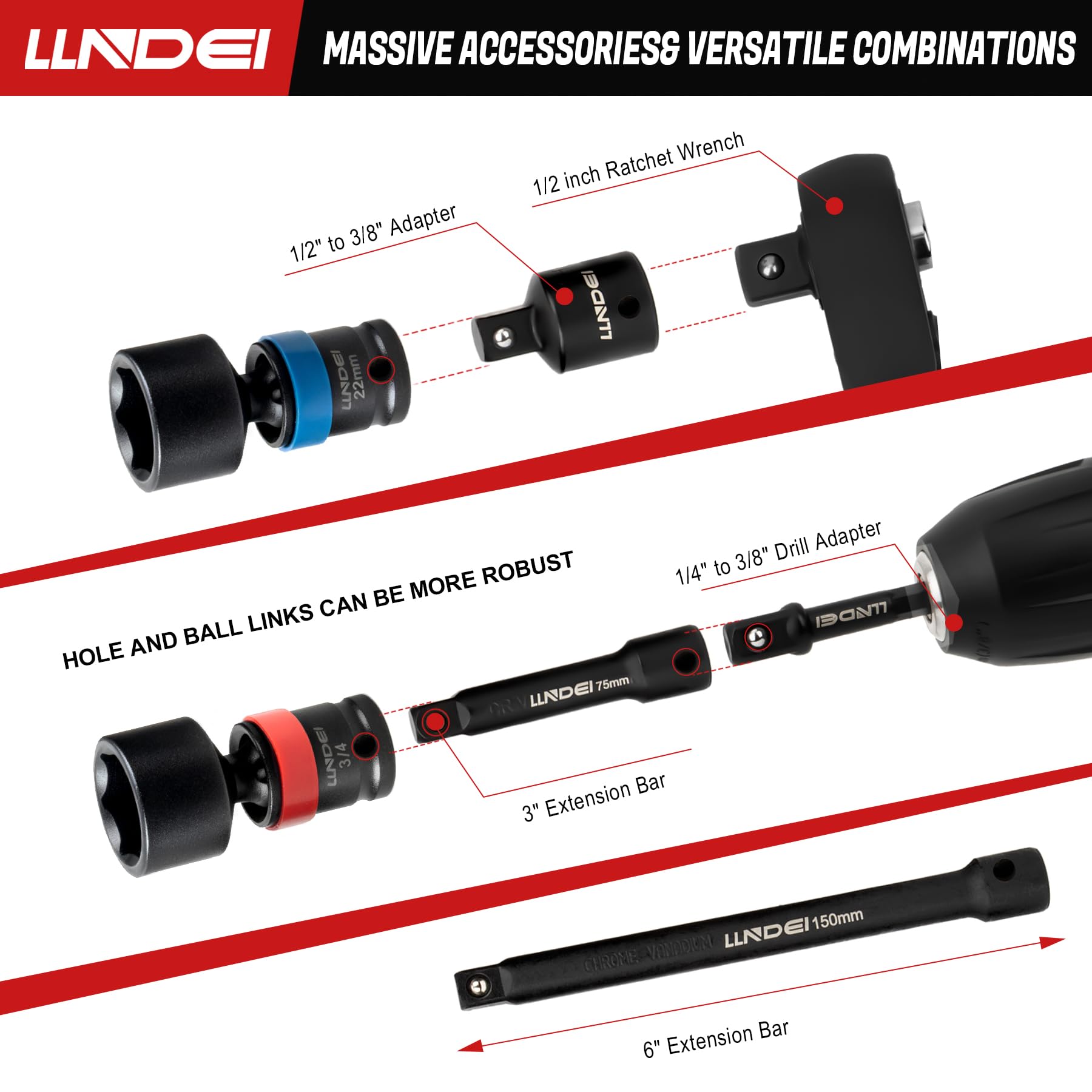 LLNDEI extension bars and adapters extend reach in cramped spots