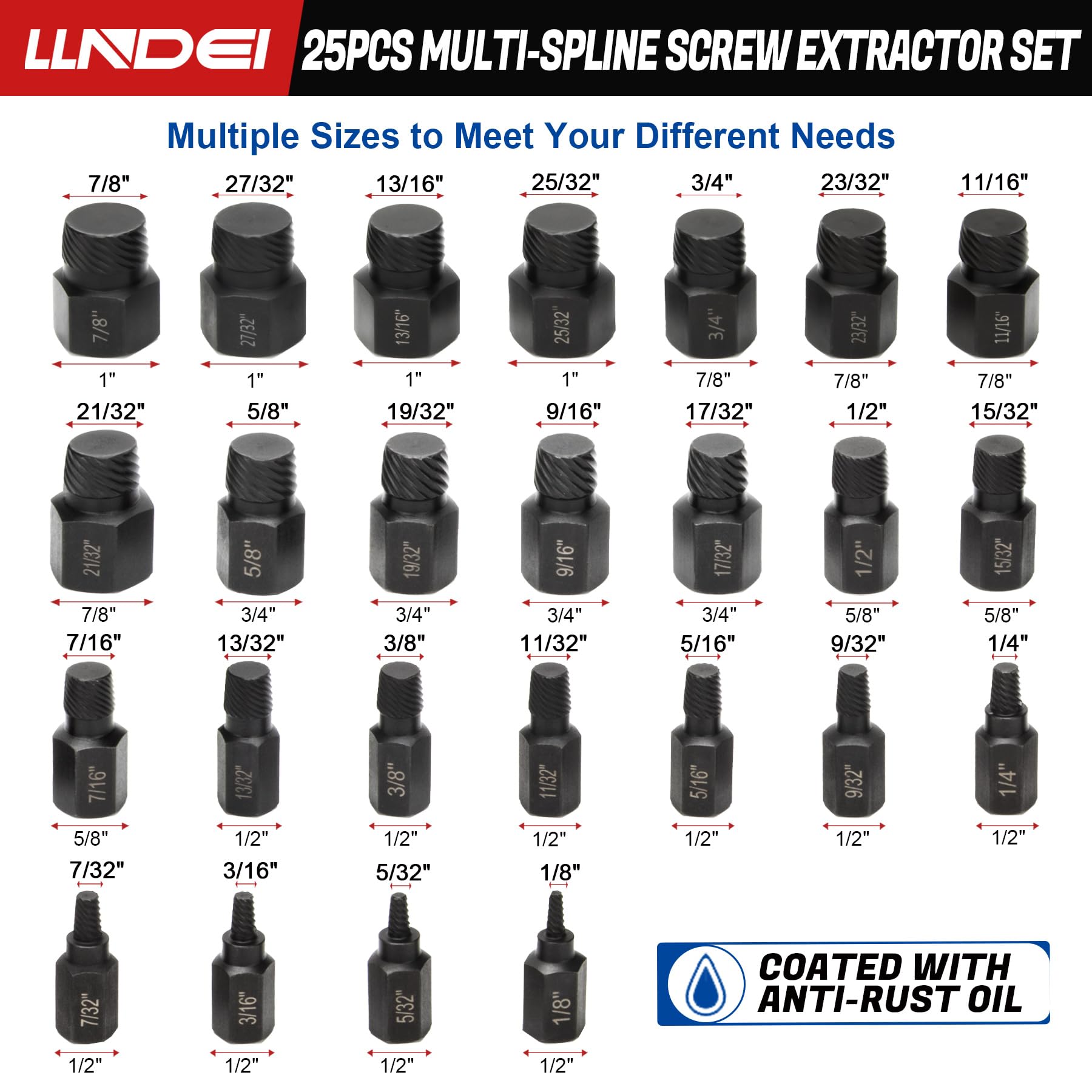 LLNDEI hex-head extractors close-up with left-hand spiral teeth.
