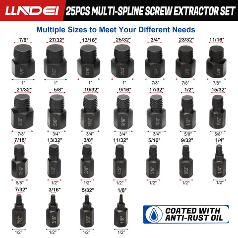 LLNDEI hex-head extractors close-up with left-hand spiral teeth.