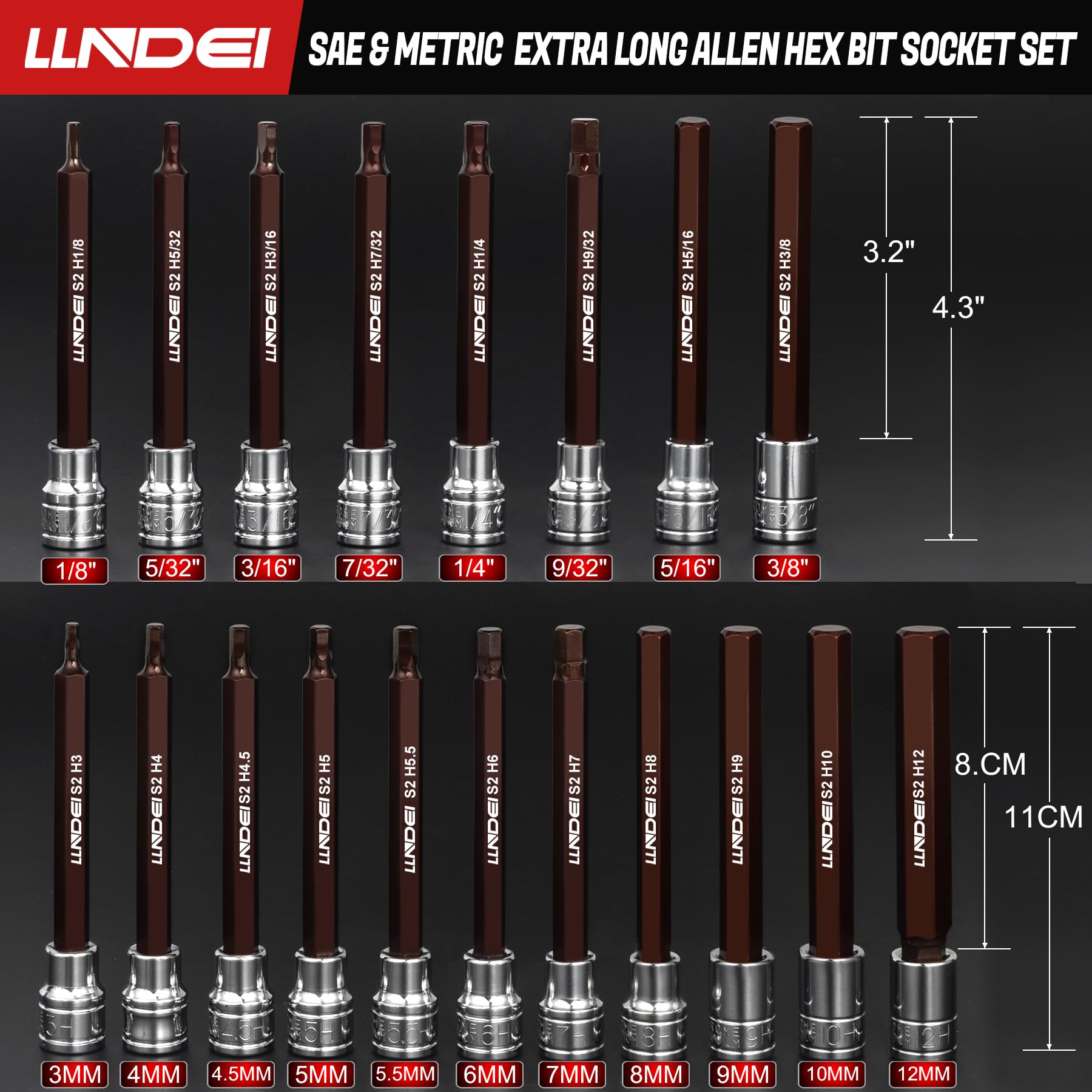 LLNDEI long SAE hex sockets 1/8–3/8 inch provide extended access