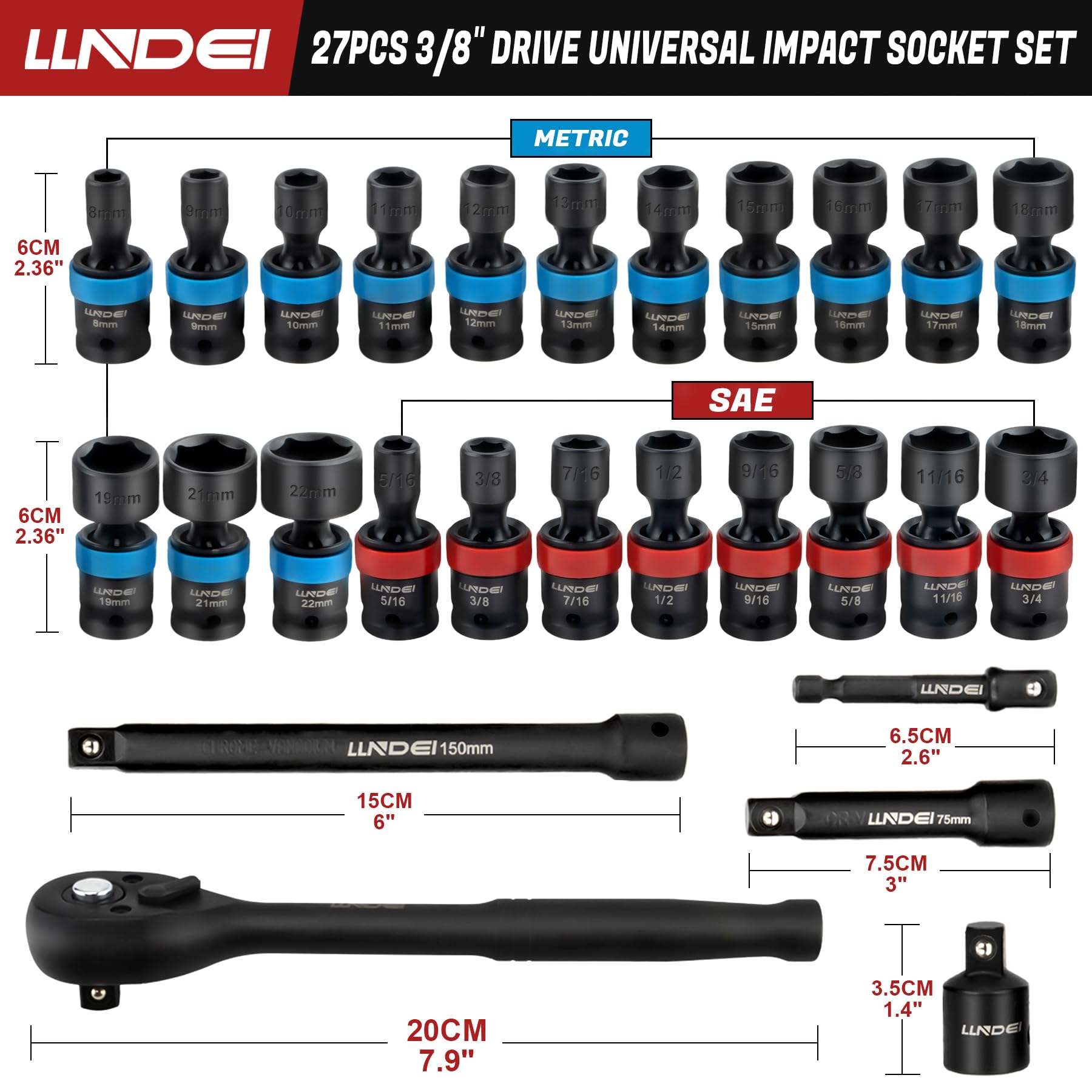 LLNDEI metric and SAE swivel sockets cover wide nut sizes for versatile repairs