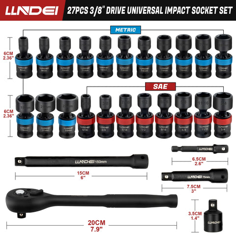 LLNDEI metric and SAE swivel sockets cover wide nut sizes for versatile repairs