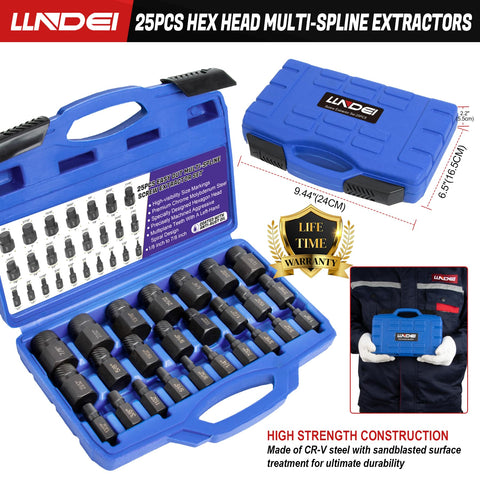 LLNDEI screw extractor size range chart showing increments.