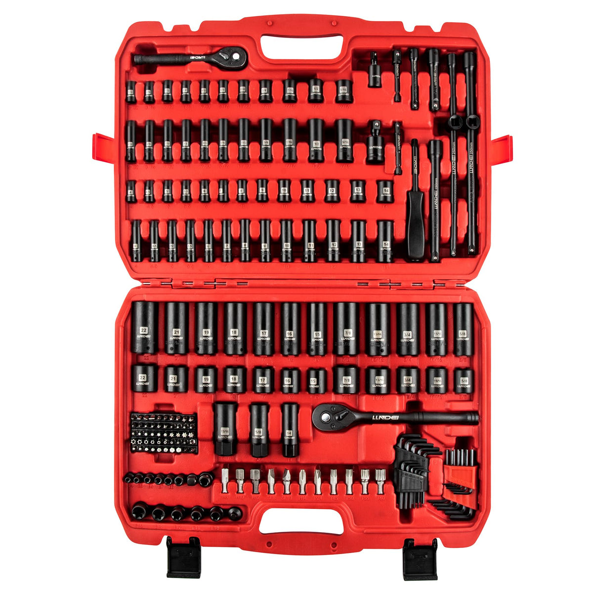 LLNDEI socket set in 1/4 and 3/8 drive used on car engine for secure bolt tightening