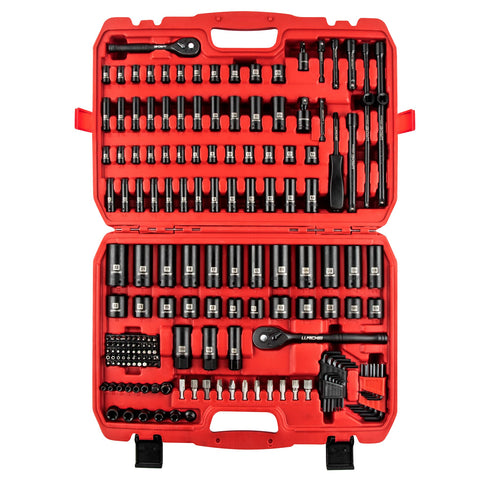 LLNDEI socket set in 1/4 and 3/8 drive used on car engine for secure bolt tightening