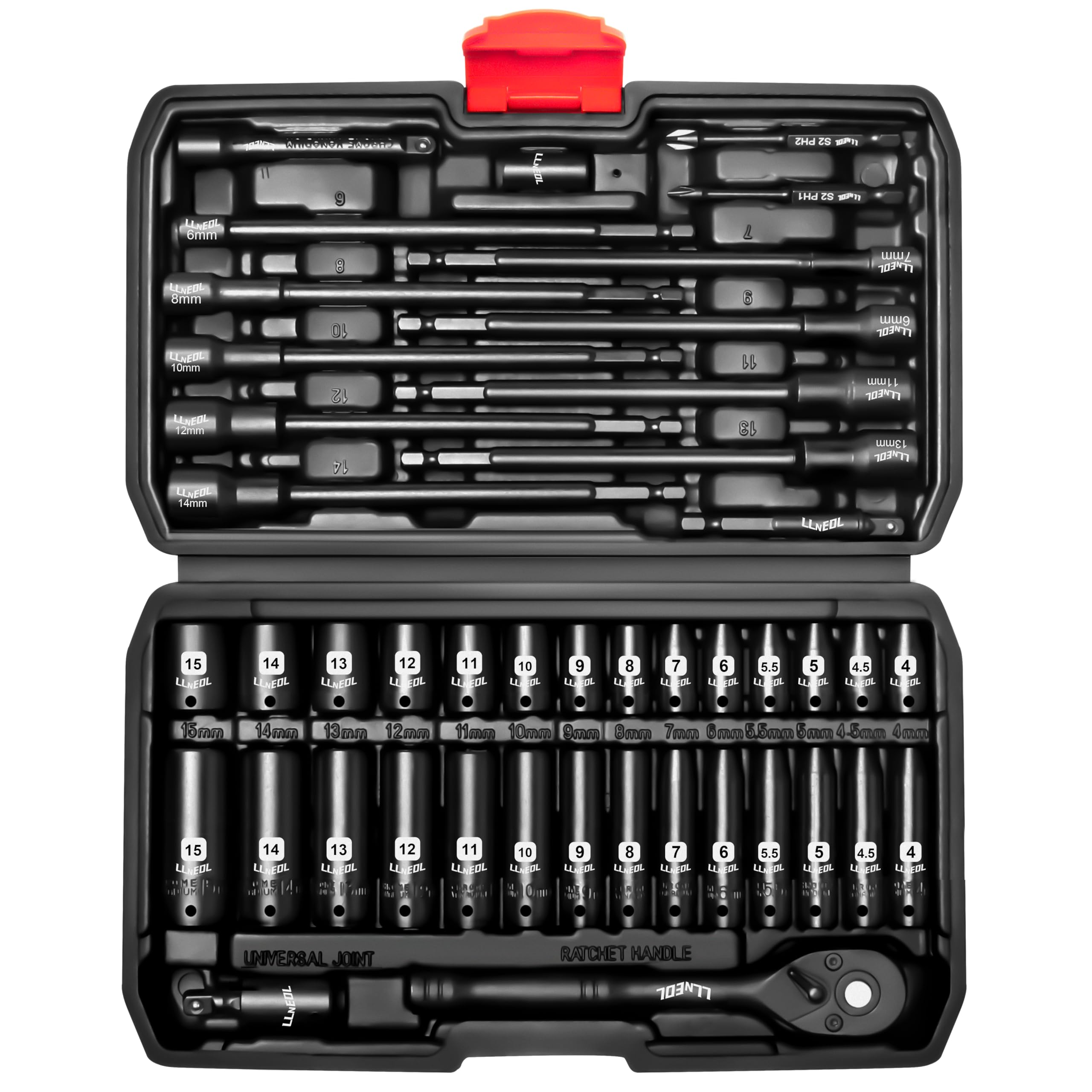 LLNEDL 1/4 drive deep sockets 4–15 mm for versatile automotive tasks.