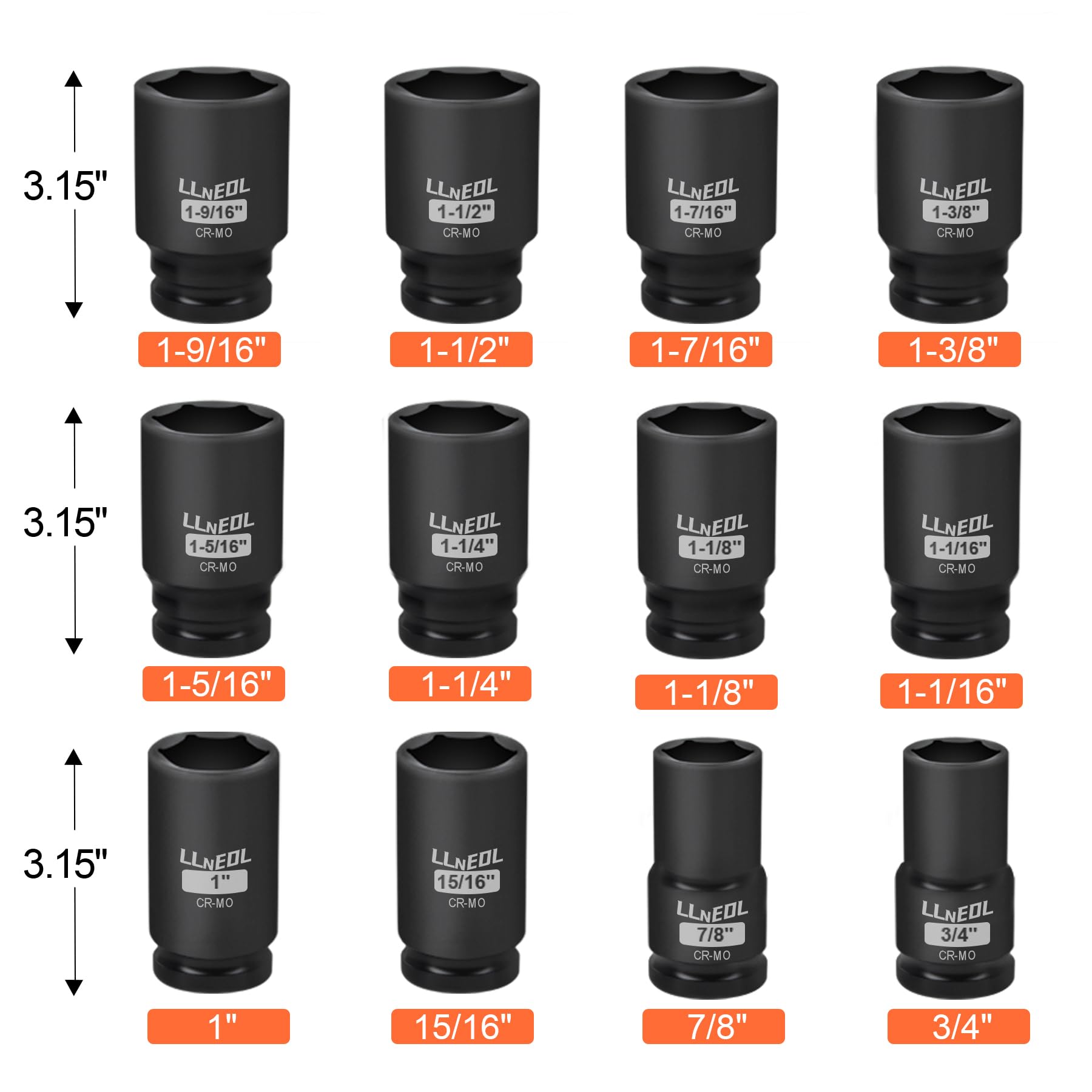 LLNEDL deep-well sockets 3/4 to 1-9/16 labeled for fast identification.