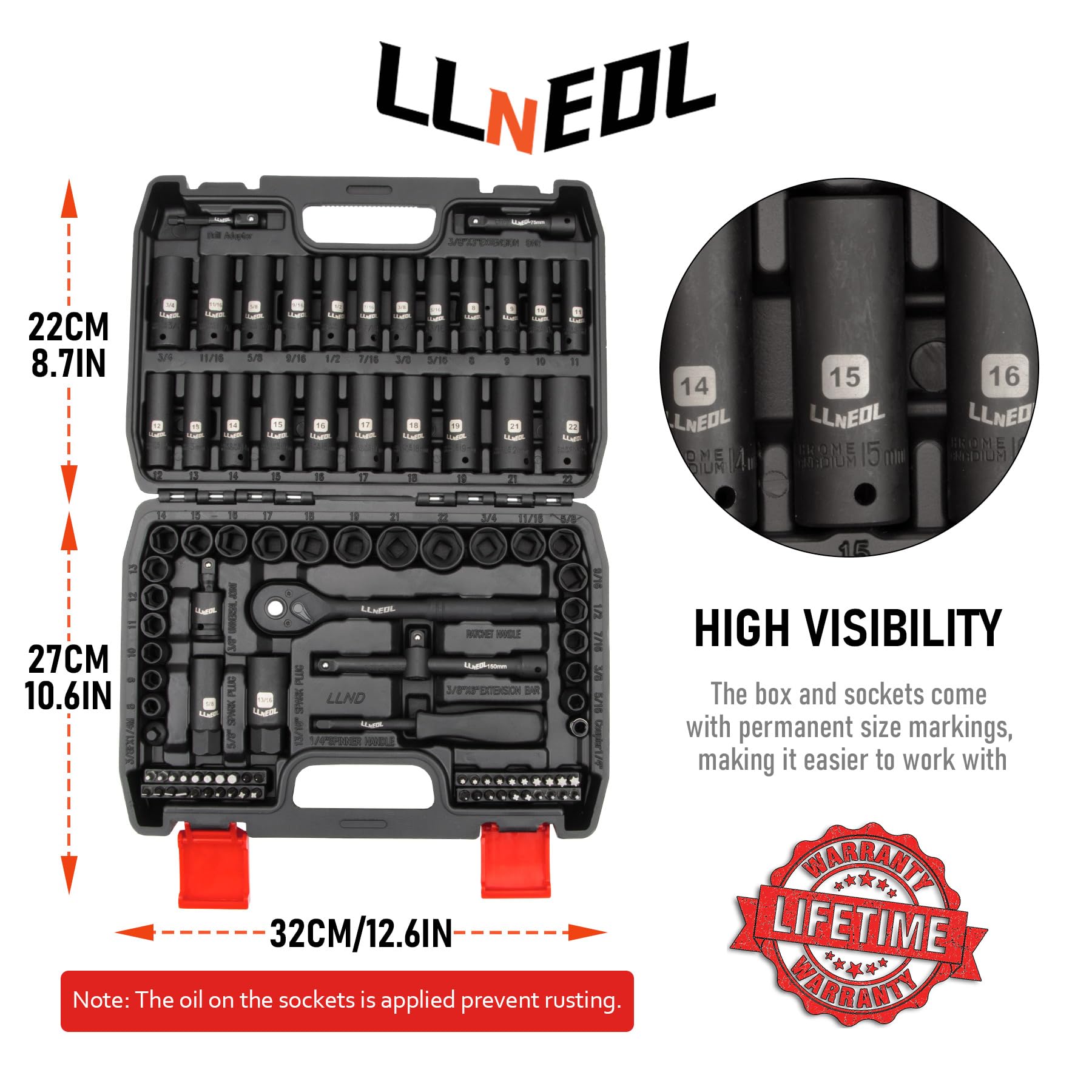 LLNEDL metric deep sockets 8-22mm for precise metric fastener sizes.