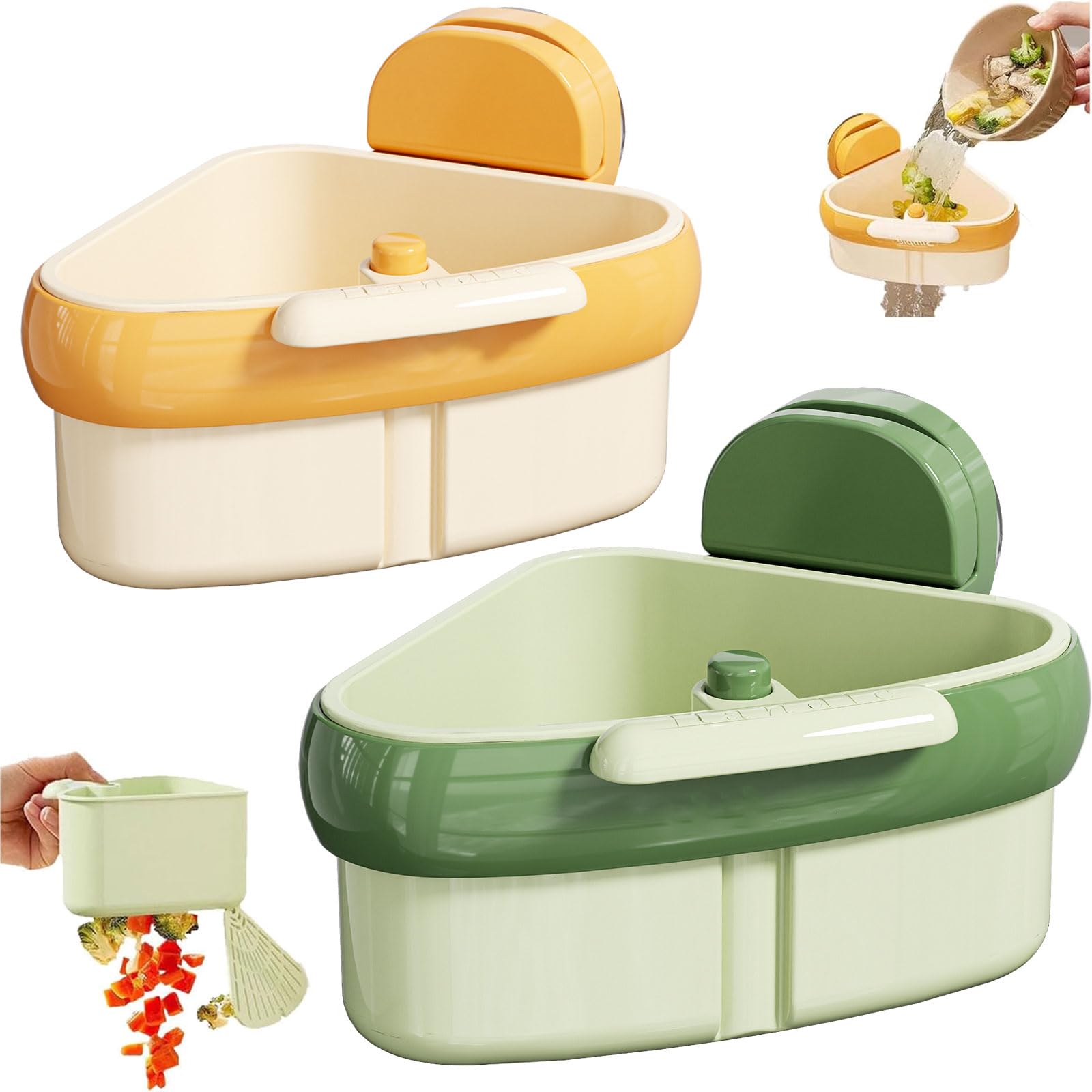 LLQ sink strainer basket in yellow and green keeps scraps organized and accessible