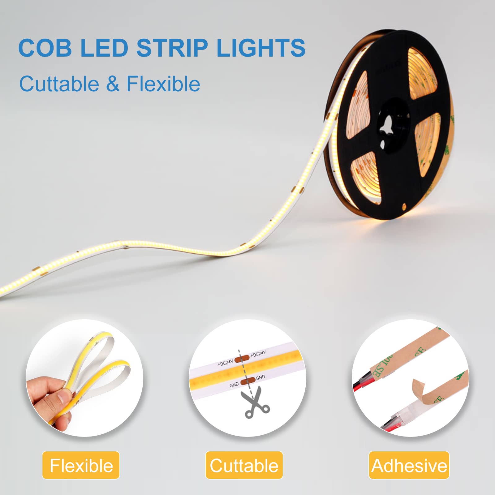 LLTOP COB LED strip with strong self-adhesive backing for easy mounting.