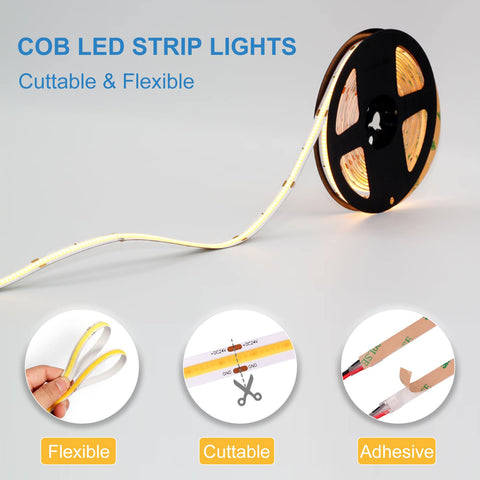 LLTOP COB LED strip with strong self-adhesive backing for easy mounting.
