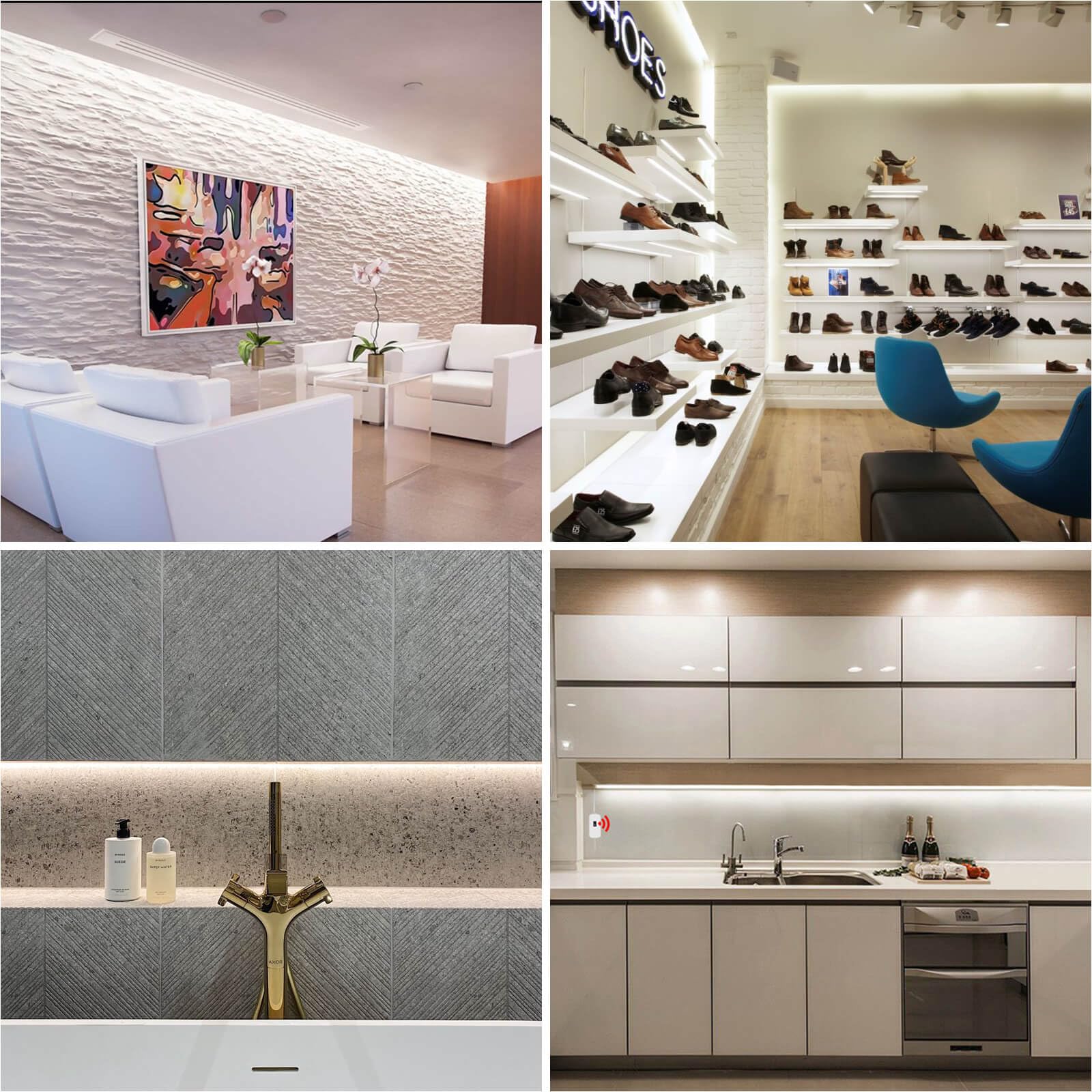 LLTOP COB LED strip versatile use in kitchen, bedroom, and shelves.