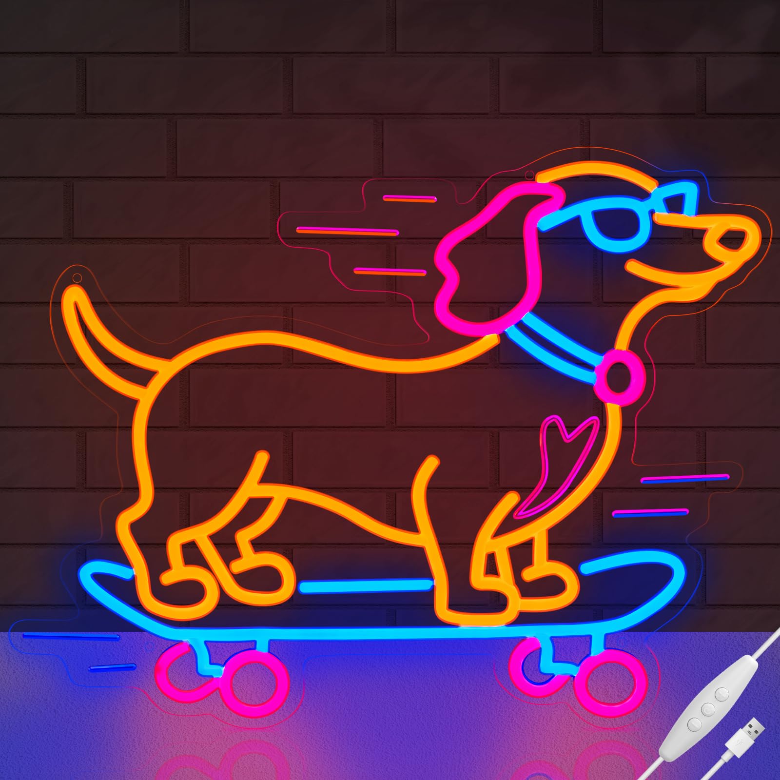 LMHSE dachshund skateboard neon sign front view with pink, blue, orange glow for living spaces