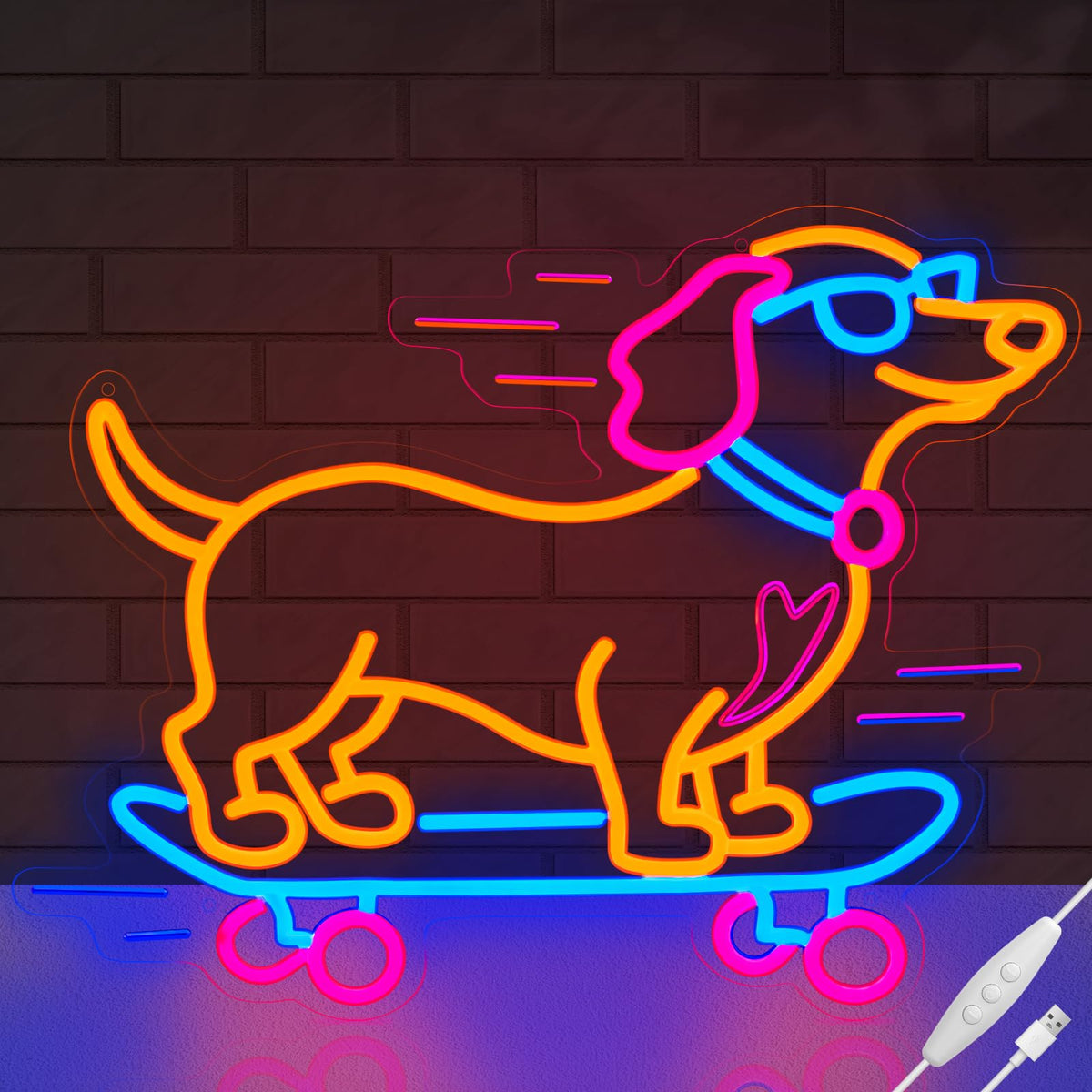 LMHSE dachshund skateboard neon sign front view with pink, blue, orange glow for living spaces