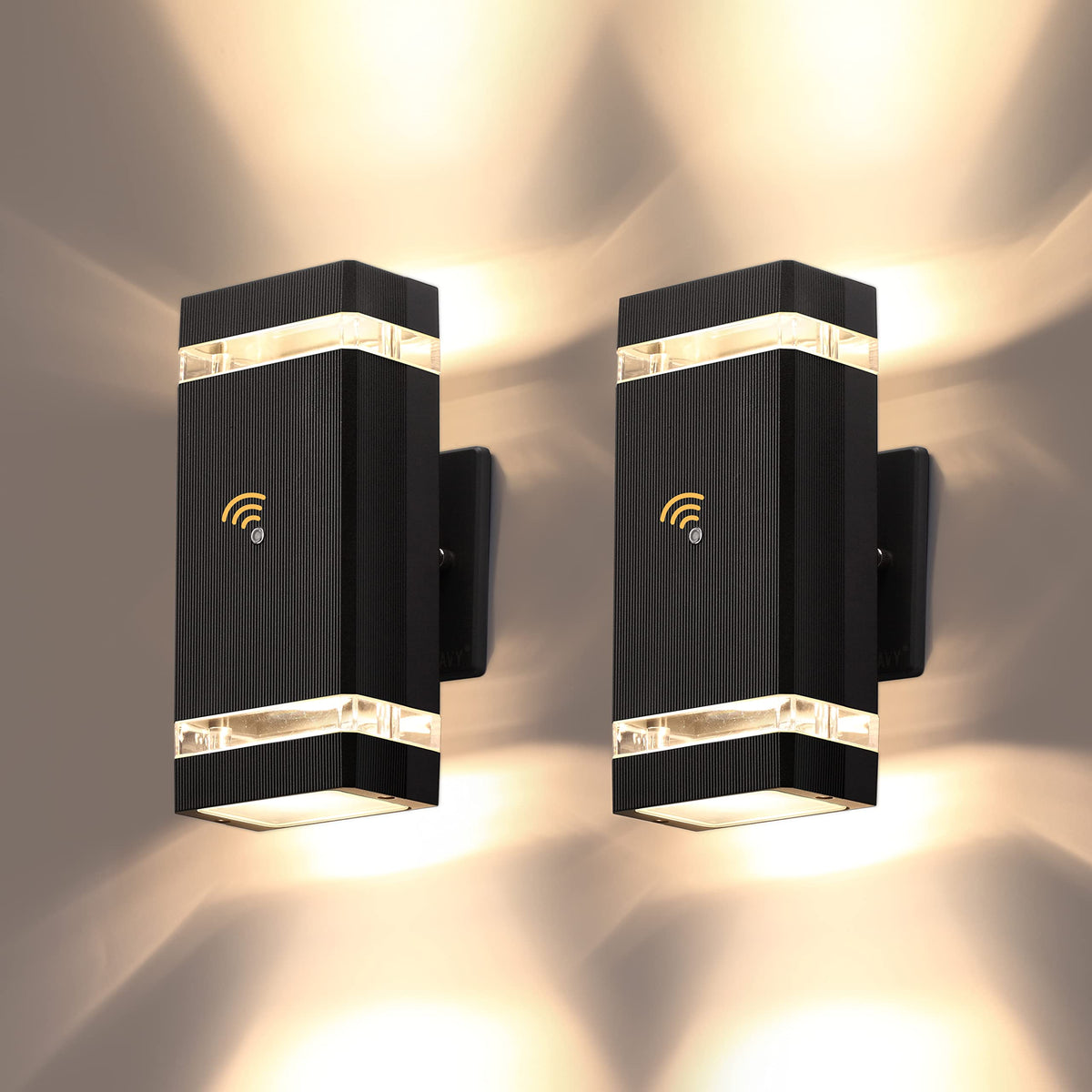 LMP dusk-to-dawn wall sconce on porch with auto-on night glow for convenience.