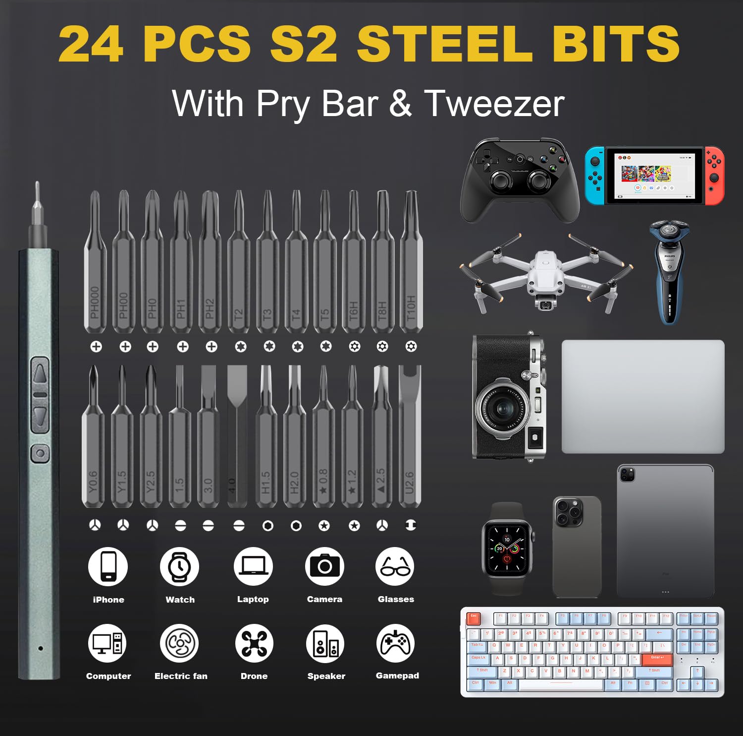 LMQ screwdriver with 24 precision bits enables versatile component work