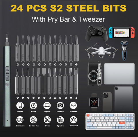 LMQ screwdriver with 24 precision bits enables versatile component work