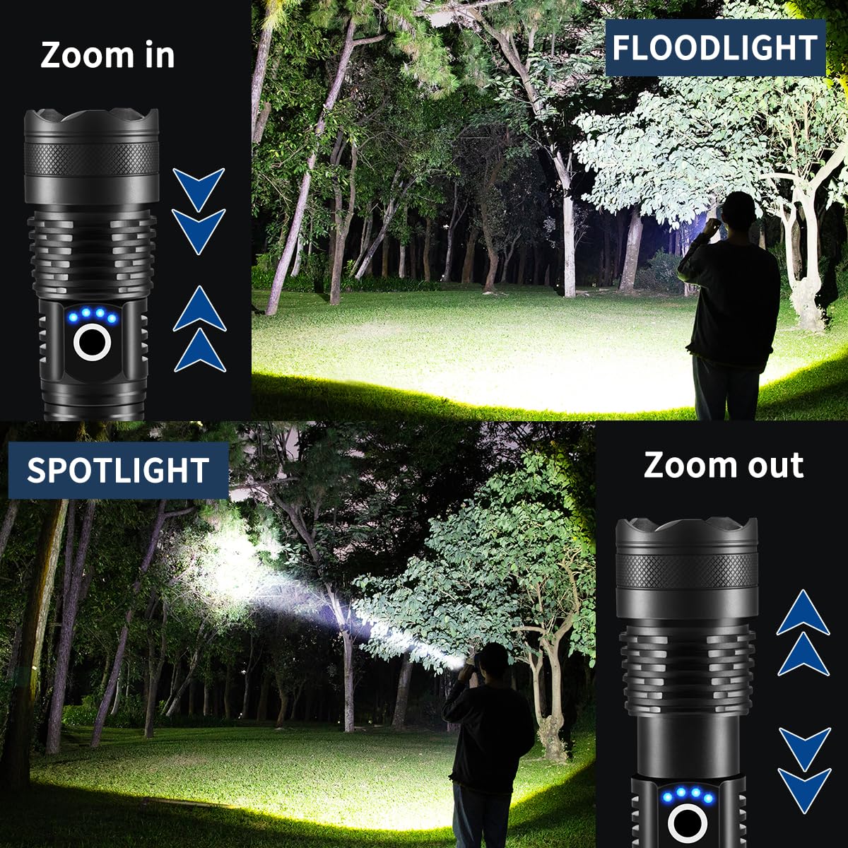 LNRYY flashlights adjustable focus and five modes for long-range or wide lighting.